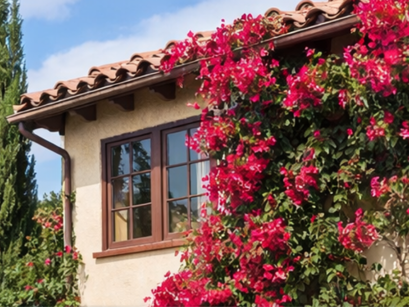 Italian Cypress and Bougainvillea growing against a white stucco wall, creating a path for rodents.