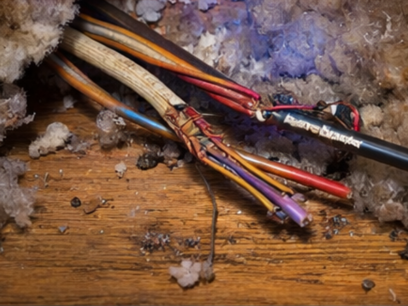 Electrical wires in a home attic with insulation chewed off by rodents, revealing copper wire, signs of home needing rodent control.