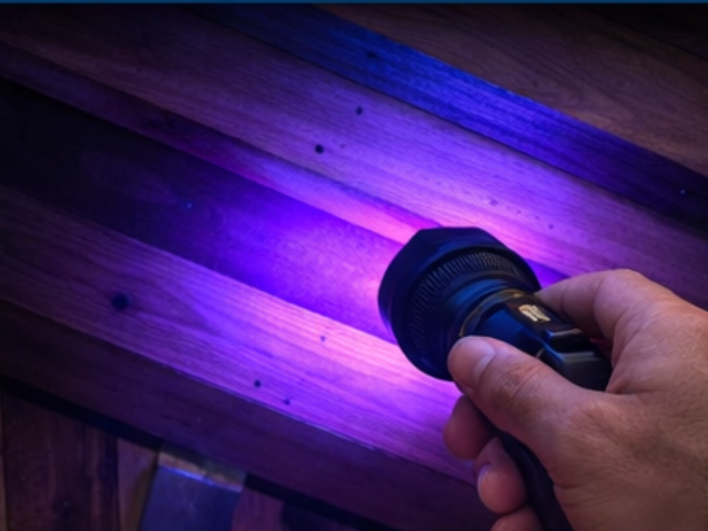 Professional inspector using a UV flashlight to find rodent urine trails on attic beams.