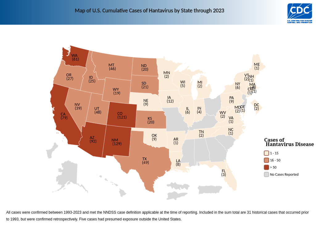 Map of U.S. Cases of Hantavirus by State